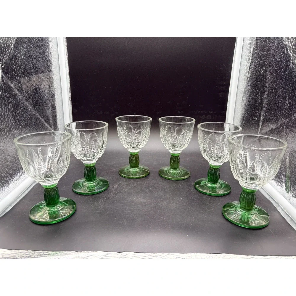 Vintage‎ Pressed Glass Juice Cordial Glasses Green Stem Beaded Swag Set of 6